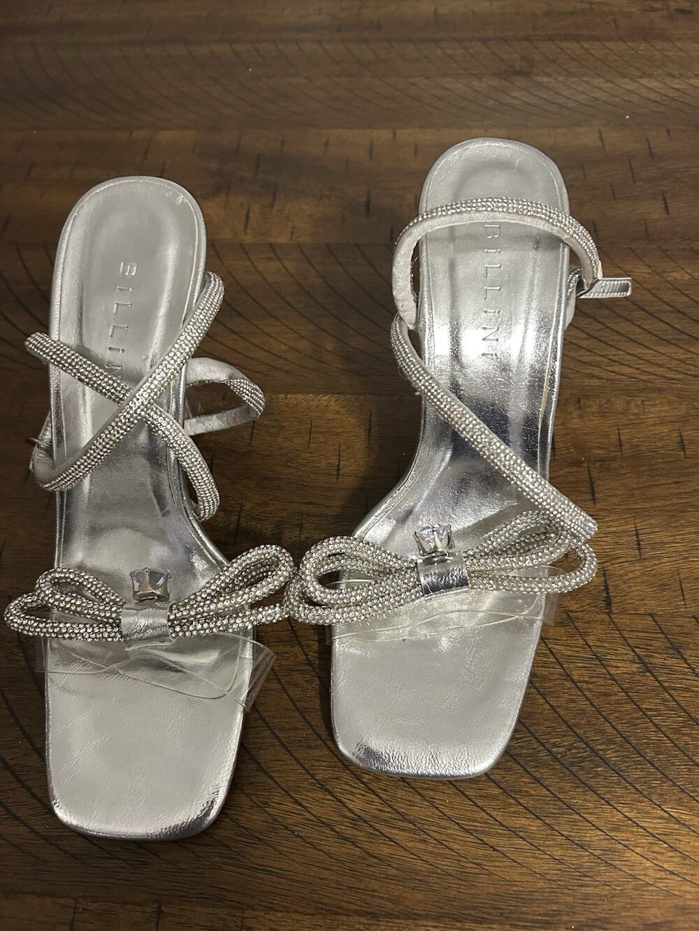 Belini Silver Rhinestone Lace Up Heels Size 5 Clear Stiletto Square Toe Party